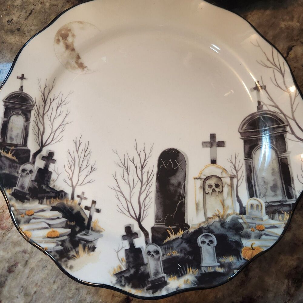 Potter's Studio Halloween Graveyard Scalloped Plates - 2 Dinner & 2 Salad plates - Picture 2 of 8